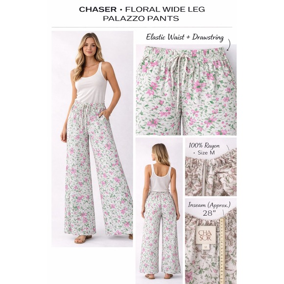 Chaser Pants - Chaser Floral Wide Leg Pants Medium Pink‎ Green Daisy Print Rayon CHA7130-GRS